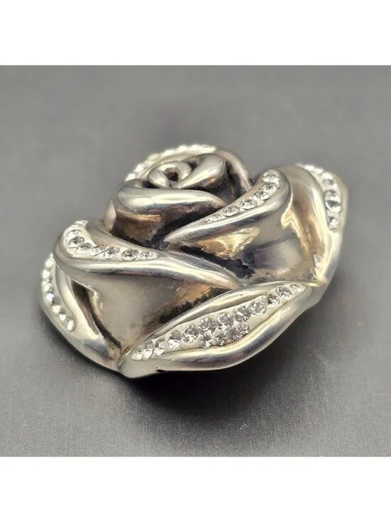 VTG Sterling Silver Electroform Rose Puffy Pendant 1.5" Rhinestones Signed - Picture 4 of 10